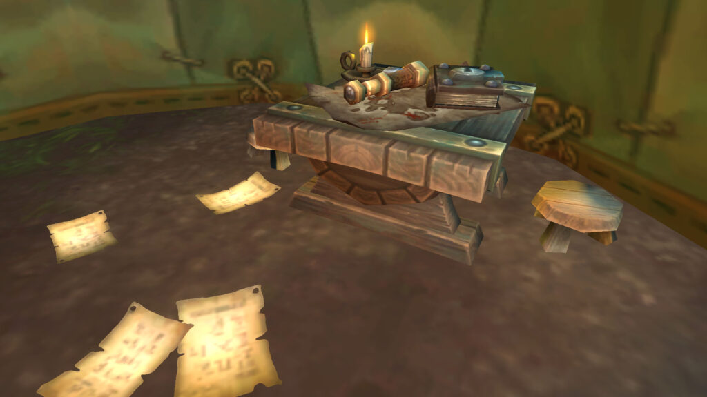 WoW table with book map and telescope